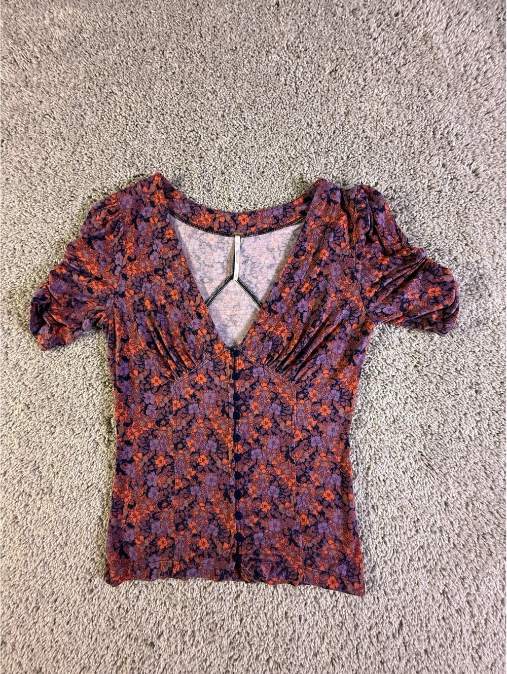 Free People Girls Youth Size XS /TP Floral V neck multicolor Ruched sleeve